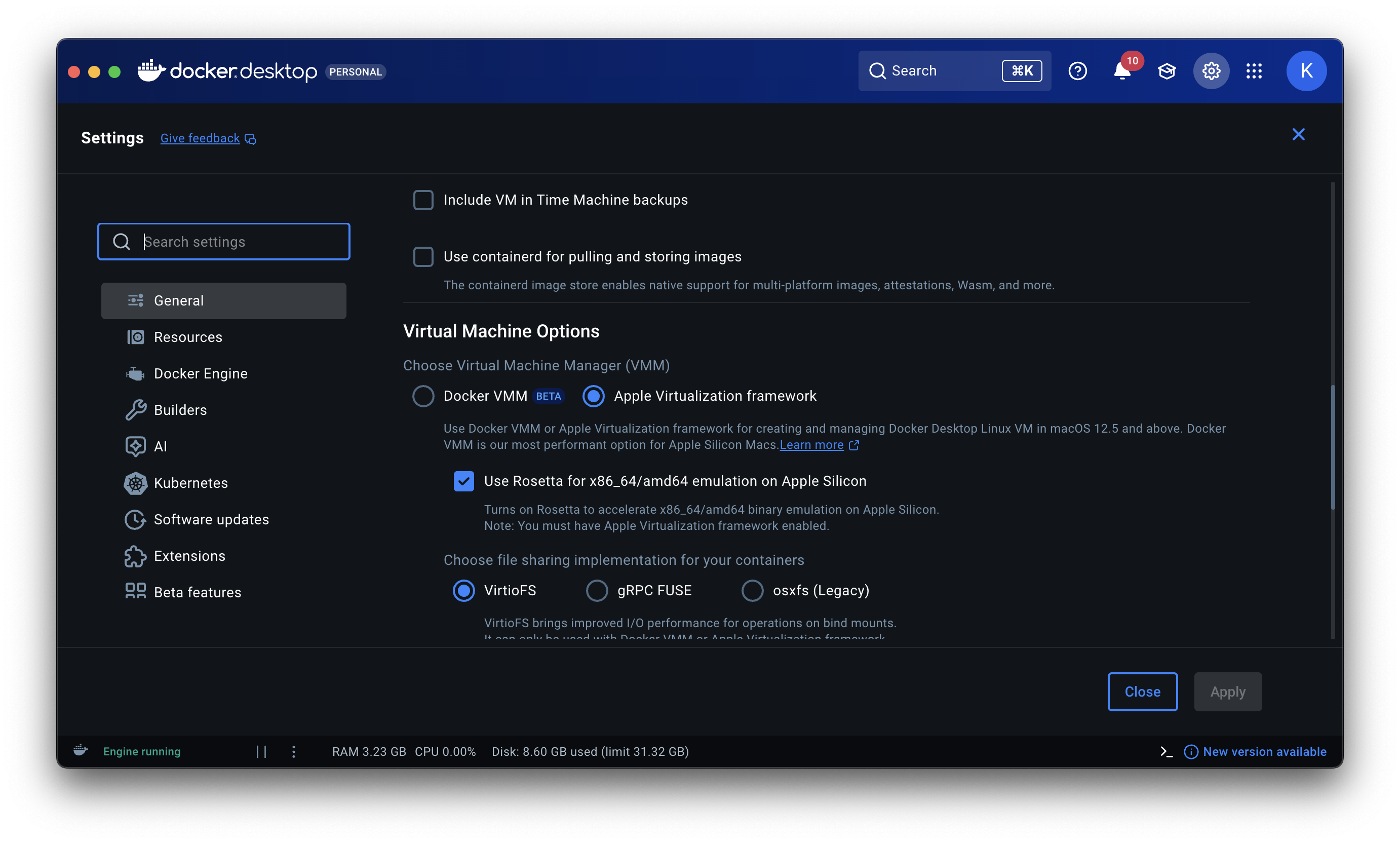 Включение Rosetta в настройках Docker Desktop