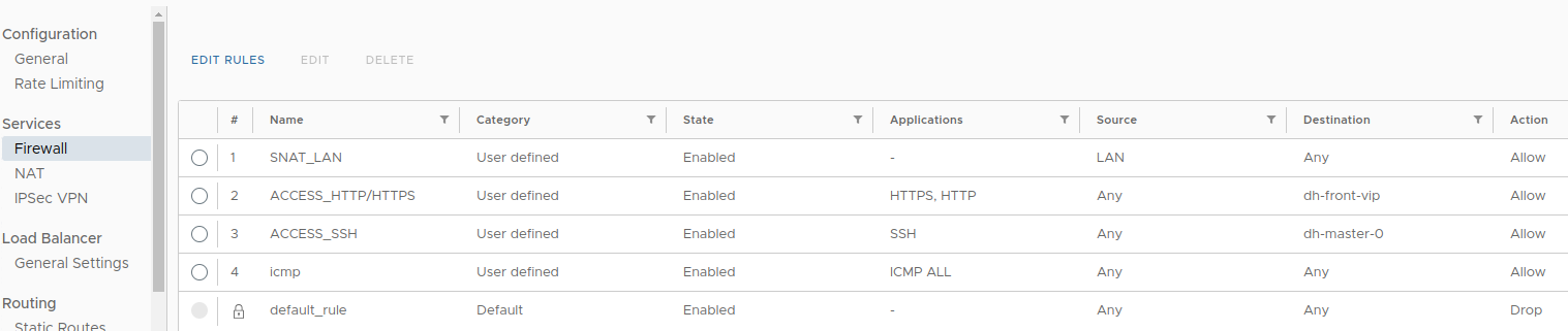 Настройка firewall на edge gateway, шаг 1