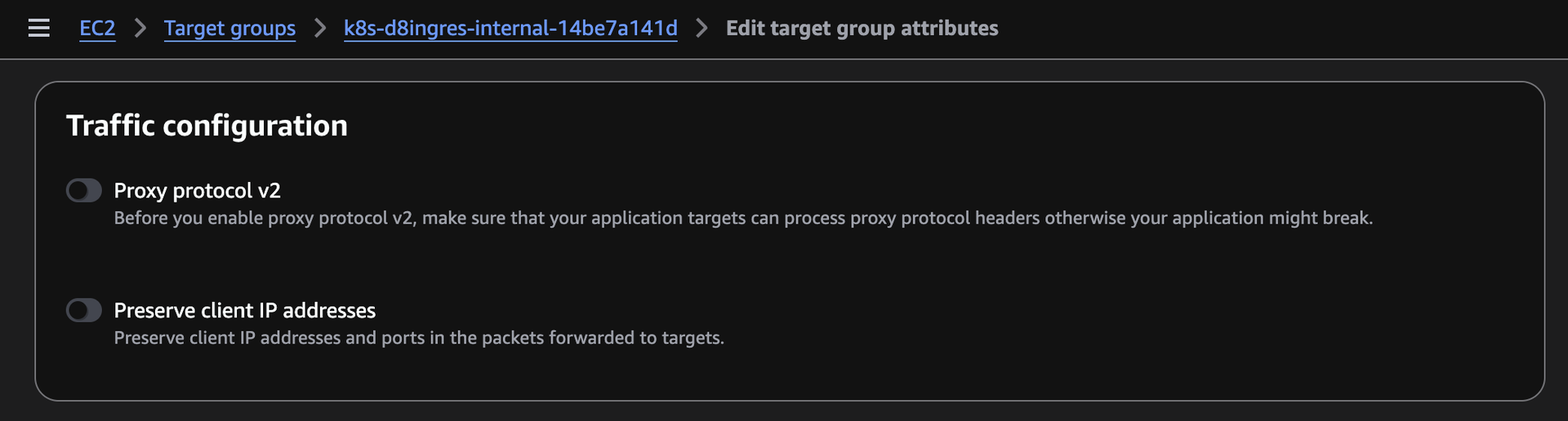 Настройка Preserve client IP addresses в веб-интерфейсе AWS