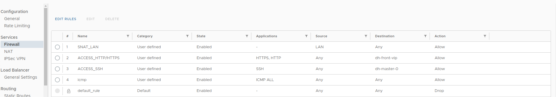 Настройка firewall на edge gateway, шаг 1